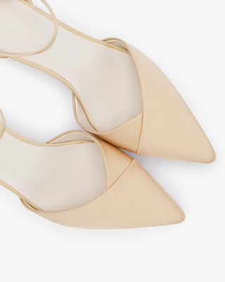 Champagne Satin Pointy Toe Low Block Heels Evening Shoes