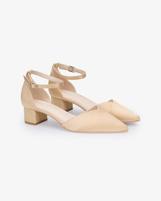 Champagne Satin Pointy Toe Low Block Heels Evening Shoes