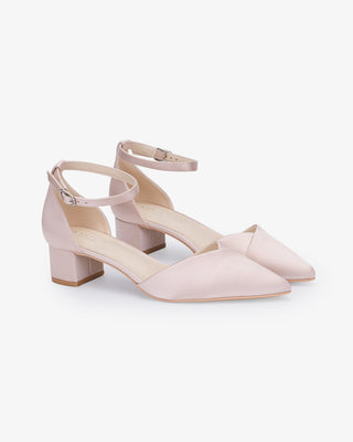 Dusty Pink Satin Pointy Toe Low Block Heels Evening Shoes