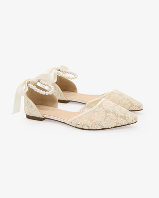 Ivory Crochet Lace Pointy Toe Wedding Flats with All Pearls Ankle Strap