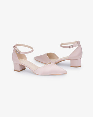 Dusty Pink Satin Pointy Toe Low Block Heels Evening Shoes
