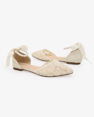 Ivory Crochet Lace Pointy Toe Wedding Flats with All Pearls Ankle Strap