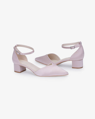 Dusty Pink Satin Pointy Toe Low Block Heels Evening Shoes