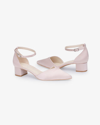 Dusty Pink Satin Pointy Toe Low Block Heels Evening Shoes
