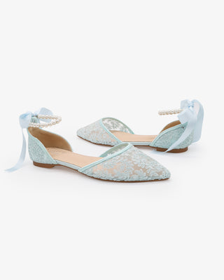 Light Blue Crochet Lace Pointy Toe Wedding Flats with All Pearls Ankle Strap
