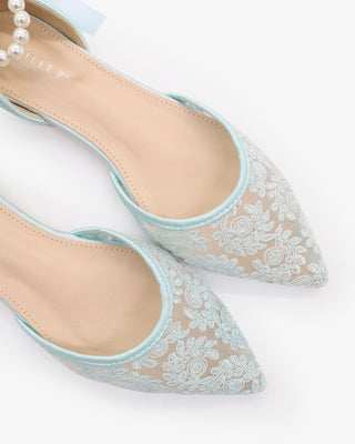 Light Blue Crochet Lace Pointy Toe Wedding Flats with All Pearls Ankle Strap