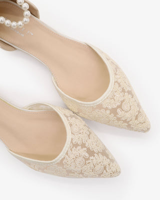 Ivory Crochet Lace Pointy Toe Wedding Flats with All Pearls Ankle Strap