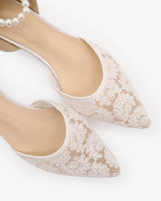 White Crochet Lace Pointy Toe Wedding Flats with All Pearls Ankle Strap