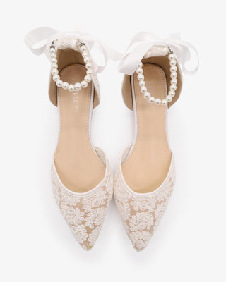 White Crochet Lace Pointy Toe Wedding Flats with All Pearls Ankle Strap