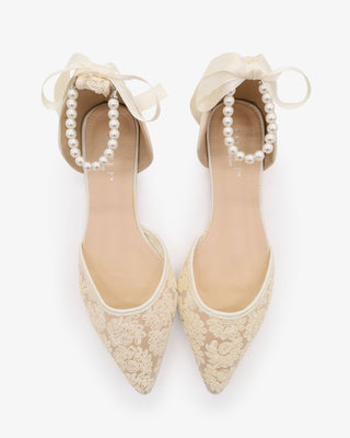 Ivory Crochet Lace Pointy Toe Wedding Flats with All Pearls Ankle Strap