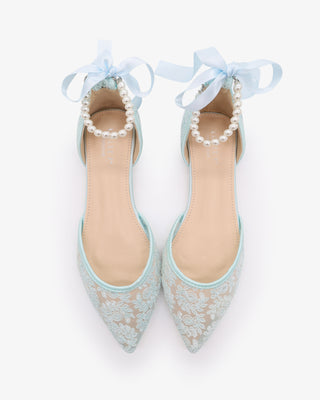 Light Blue Crochet Lace Pointy Toe Wedding Flats with All Pearls Ankle Strap