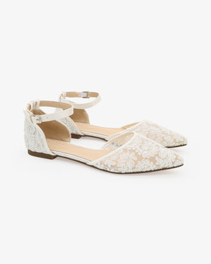 Crochet Lace Pointy Toe Flats with Ankle Strap