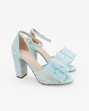 Crochet Lace Block Heel Sandals with Oversized Crochet Lace Bow