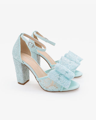 Crochet Lace Block Heel Sandals with Oversized Crochet Lace Bow