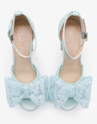 Crochet Lace Block Heel Sandals with Oversized Crochet Lace Bow