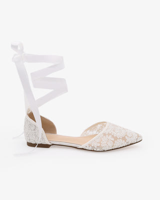 White Crochet Lace Pointy Toe with Satin Ballerina Lace Up