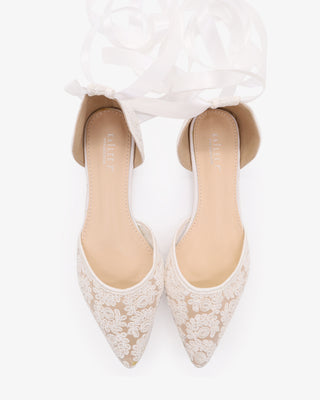 White Crochet Lace Pointy Toe with Satin Ballerina Lace Up