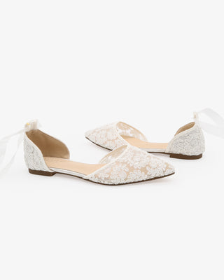 White Crochet Lace Pointy Toe with Sheer Ribbon Ballerina Lace Up