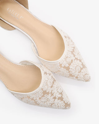 White Crochet Lace Pointy Toe with Sheer Ribbon Ballerina Lace Up