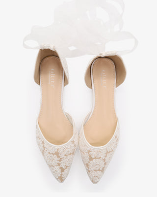 White Crochet Lace Pointy Toe with Sheer Ribbon Ballerina Lace Up