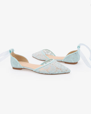 Light BlueCrochet Lace Pointy Toe with Sheer Ribbon Ballerina Lace Up
