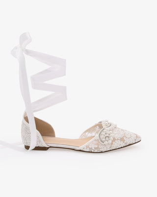White Crochet Lace Pointy Toe Flats with Small Pearls Applique and Satin Ribbon Lace Up