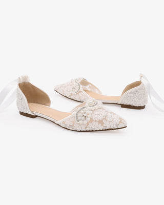 White Crochet Lace Pointy Toe Flats with Small Pearls Applique and Satin Ribbon Lace Up