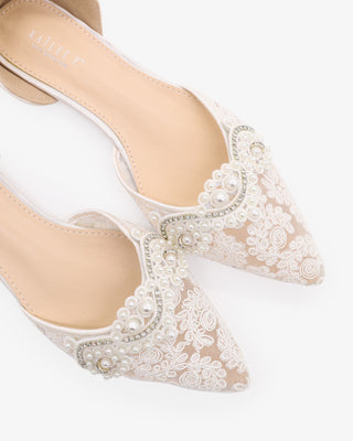 White Crochet Lace Pointy Toe Flats with Small Pearls Applique and Satin Ribbon Lace Up
