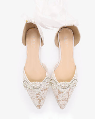 White Crochet Lace Pointy Toe Flats with Small Pearls Applique and Satin Ribbon Lace Up