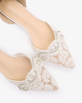 White Crochet Lace Pointy Toe Flats with Small Pearls Applique and Sheer Ribbon Lace Up