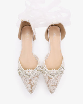 White Crochet Lace Pointy Toe Flats with Small Pearls Applique and Sheer Ribbon Lace Up