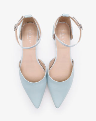 Light Blue Satin Pointy Toe Wedding Flats with Ankle Strap