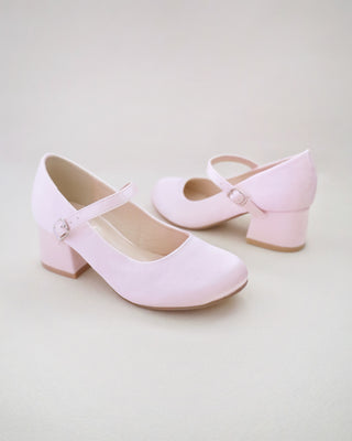 Girls Satin Mary Jane Block Heel