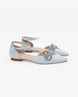 Light Blue Satin Pointy Toe Flats with Rhinestones Applique Embellishments
