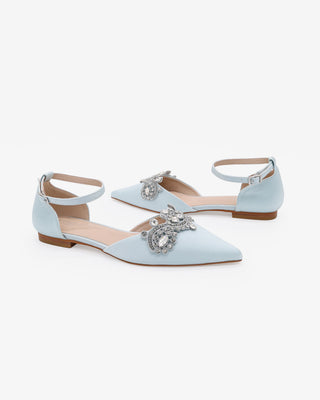 Light Blue Satin Pointy Toe Flats with Rhinestones Applique Embellishments
