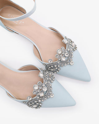 Light Blue Satin Pointy Toe Flats with Rhinestones Applique Embellishments