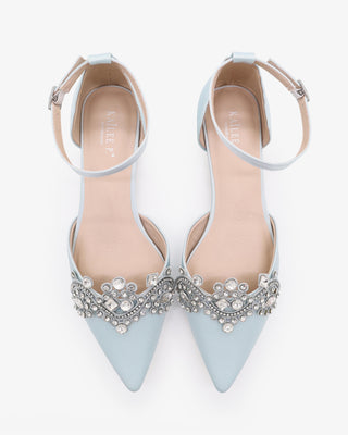 Light Blue Satin Pointy Toe Flats with Rhinestones Applique Embellishments