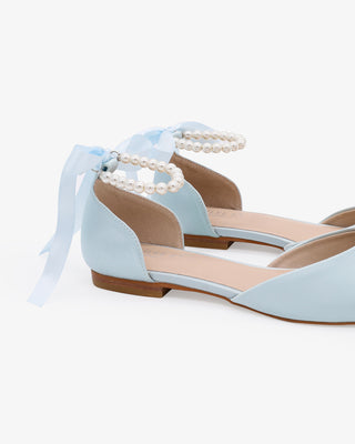 Satin Pointy Toe Bridal Flats with Ribbon Tie or Pearls Strap