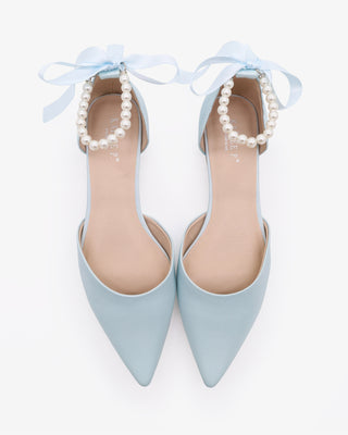 Satin Pointy Toe Bridal Flats with Ribbon Tie or Pearls Strap