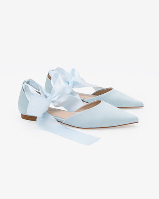 Light Blue Satin Pointy Toe Bridal Flats with Satin Ribbon Ankle Tie