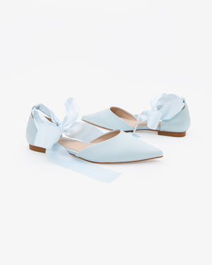 Satin Pointy Toe Bridal Flats with Ribbon Tie or Pearls Strap
