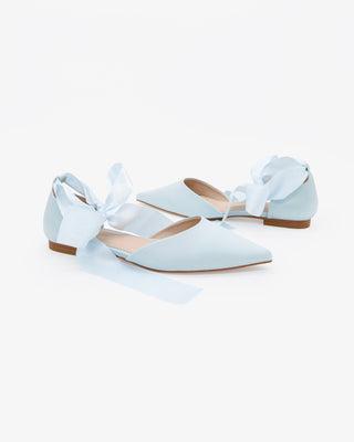 Light Blue Satin Pointy Toe Bridal Flats with Satin Ribbon Ankle Tie