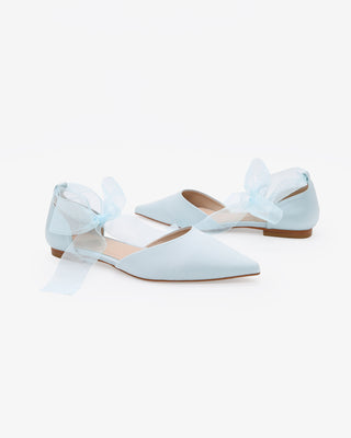 Light Blue Satin Pointy Toe Bridal Flats with Sheer Ribbon Ankle Tie