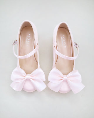 Girls Satin Mary Jane Block Heel with Front Satin Bow