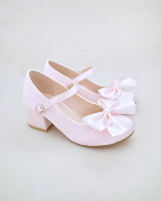 Girls Satin Mary Jane Block Heel with Front Satin Bow