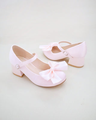 Girls Satin Mary Jane Block Heel with Front Satin Bow