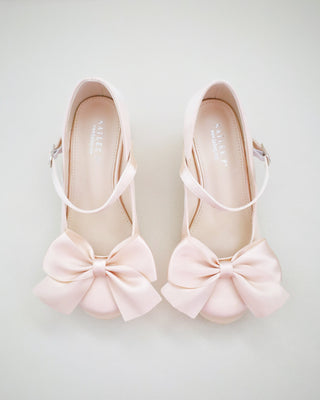 Girls Satin Mary Jane Block Heel with Front Satin Bow