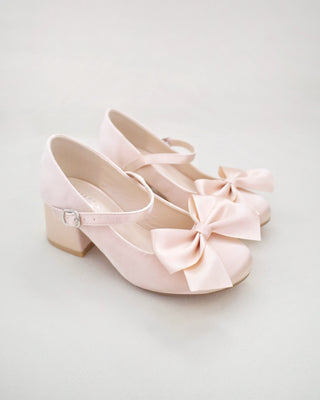 Girls Satin Mary Jane Block Heel with Front Satin Bow