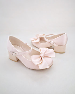 Girls Satin Mary Jane Block Heel with Front Satin Bow