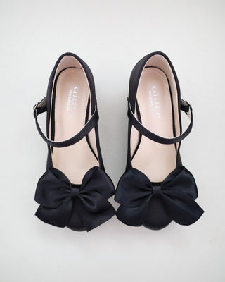 Girls Satin Mary Jane Block Heel with Front Satin Bow